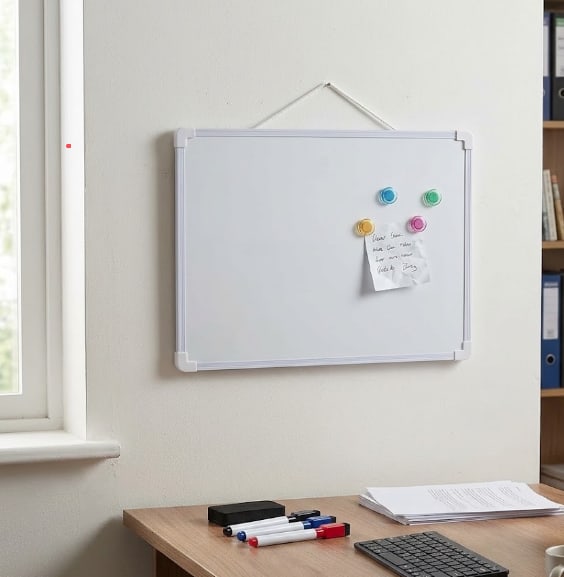 The whiteboard hanging on a wall above a desk, with four coloured magnets holding a handwritten note.