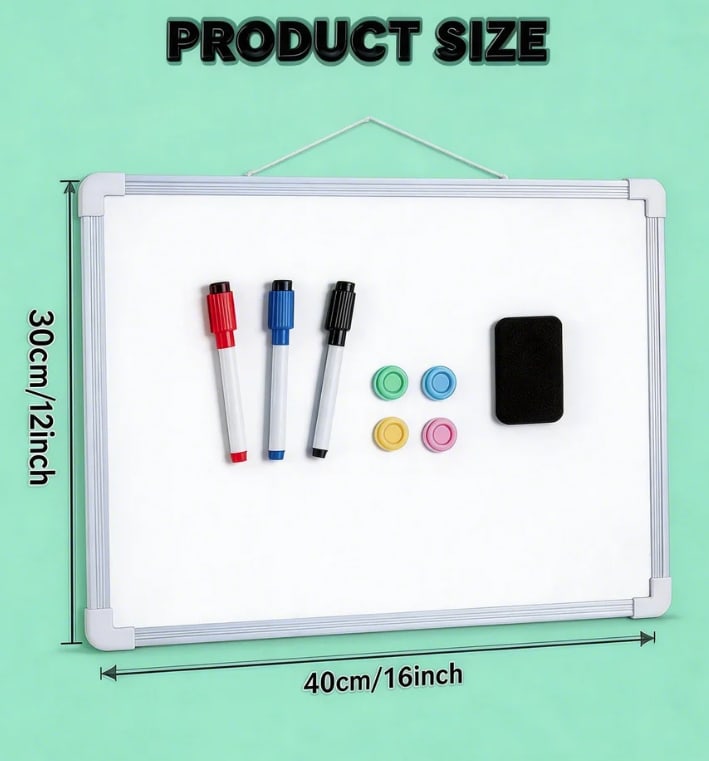 Size diagram of the whiteboard: 40 cm (16 in) wide by 30 cm (12 in) tall, shown with red, blue and black markers, four magnets and an eraser.